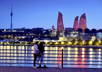 Skyline von Aserbaidschans Hauptstadt Baku am Kaspischen Meer