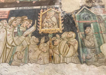 Fresko: Mönche und Maria mit Kind